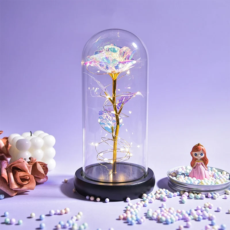 [US Warehouse] Beauty and the Beast Glass Preserved Rose Galaxy Rose LED Light Artificial Flower Christmas Valentine's Day Birthday Gift