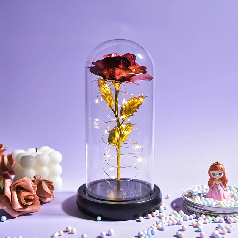 [US Warehouse] Beauty and the Beast Glass Preserved Rose Galaxy Rose LED Light Artificial Flower Christmas Valentine's Day Birthday Gift