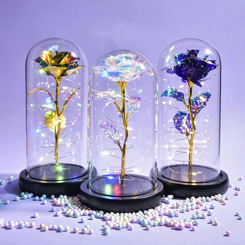 [US Warehouse] Beauty and the Beast Glass Preserved Rose Galaxy Rose LED Light Artificial Flower Christmas Valentine's Day Birthday Gift