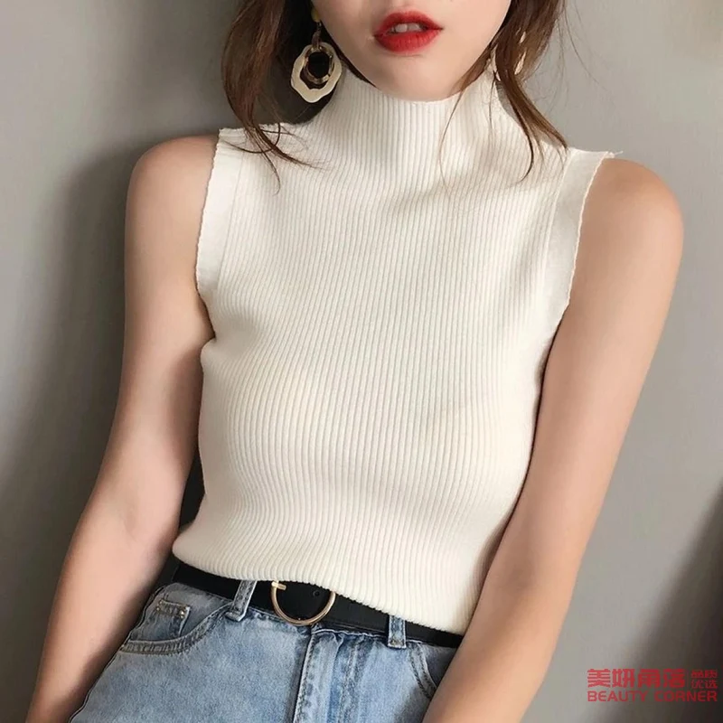 [Self-operated] High collar sleeveless ribbed knit top Half turtleneck women's fashionable ribbed sleeveless top