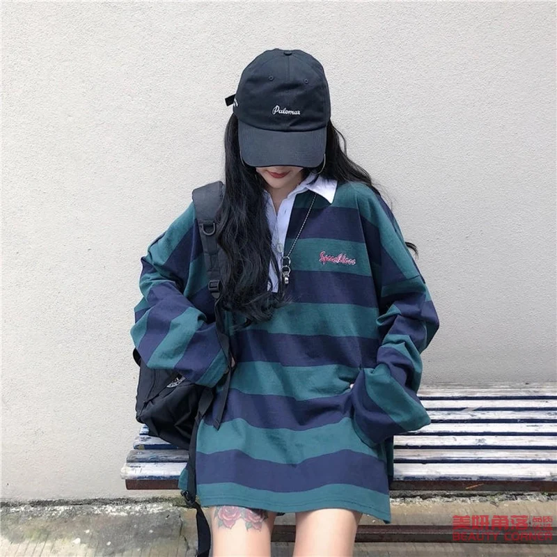 [Self-operated] Long-sleeved striped Polo shirt, women’s striped long T-shirt