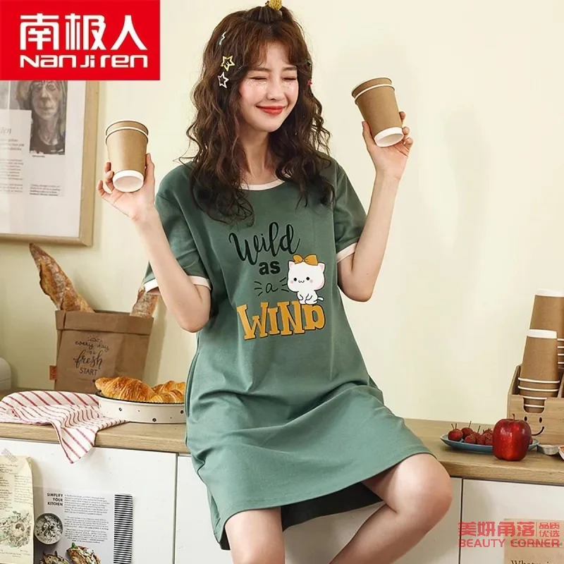 [Self-operated] Bow cat print short skirt pajamas, cute home wear short-sleeved one-piece nightgown