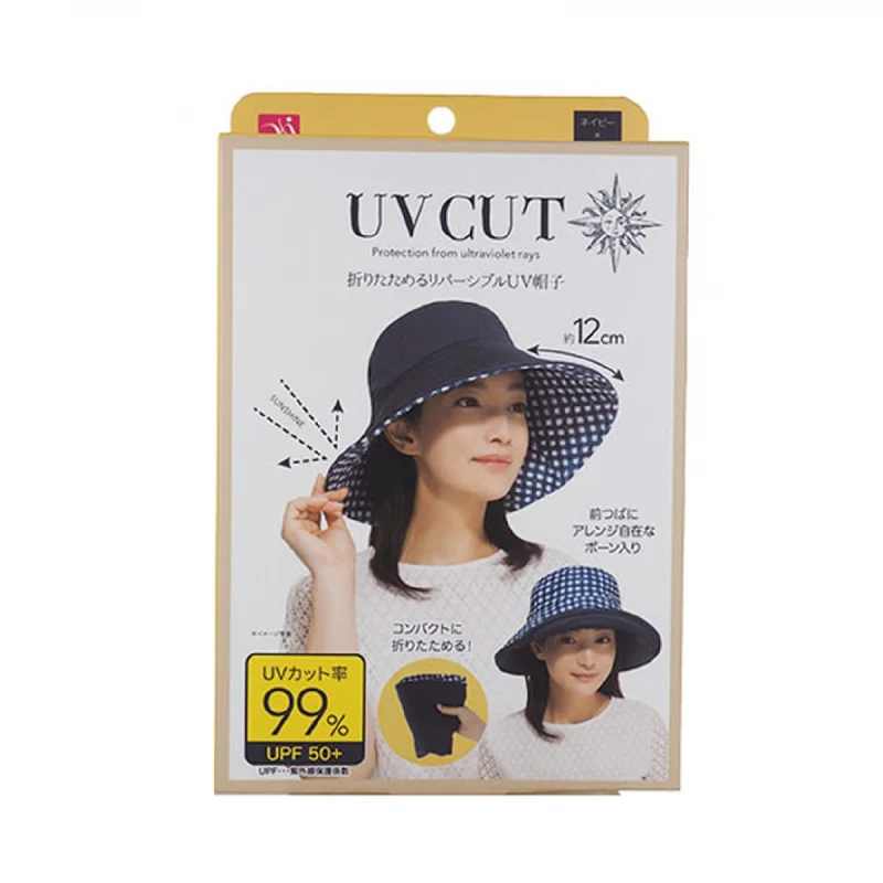 [Self-operated] Japanese UV CUT sun protection hat, fisherman's sun hat, foldable insulated sun hat, navy blue + checkered