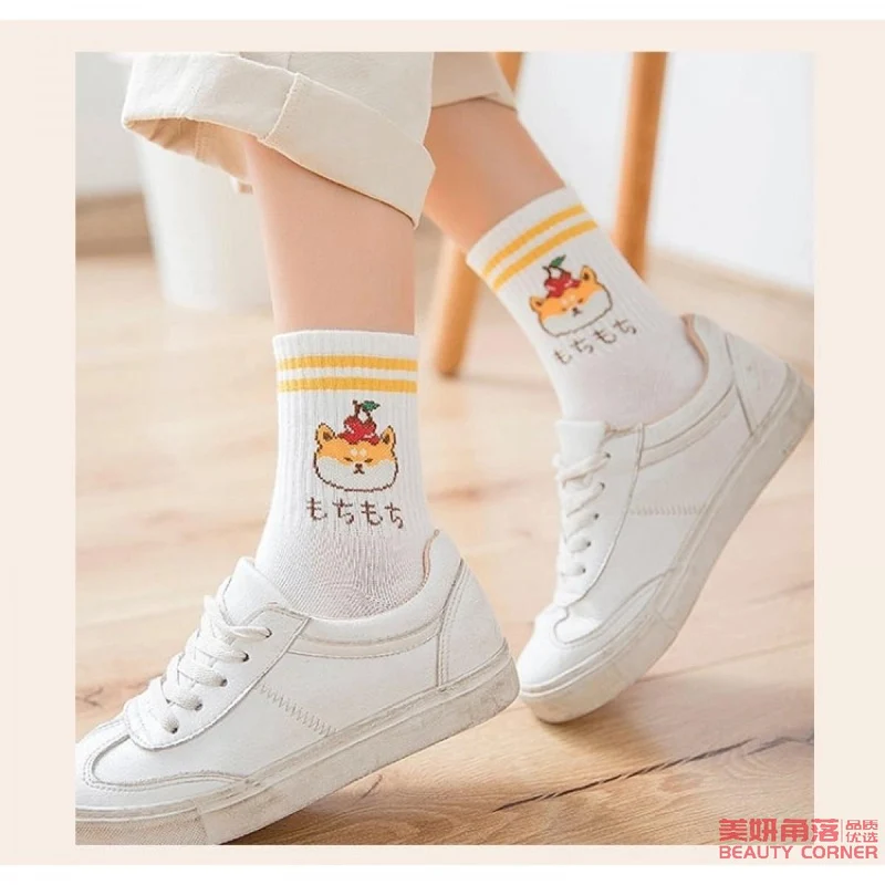 [Self-operated] Dog Shiba Inu printed women's socks, white socks, cute campus style, a set of 3 pairs