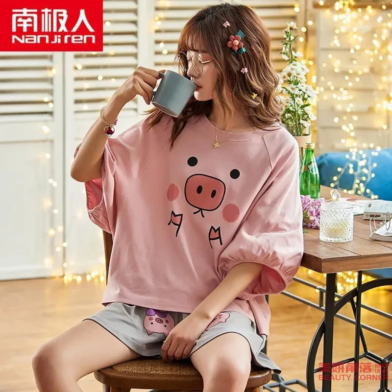 [Self-operated] Pig print short-sleeved pajamas set, cute home wear top and shorts set