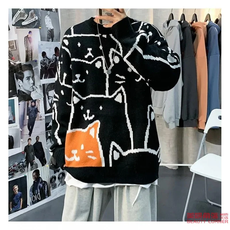 [Self-operated] Cat pattern loose sweater. Genderless men and women can wear cat over size sweater.