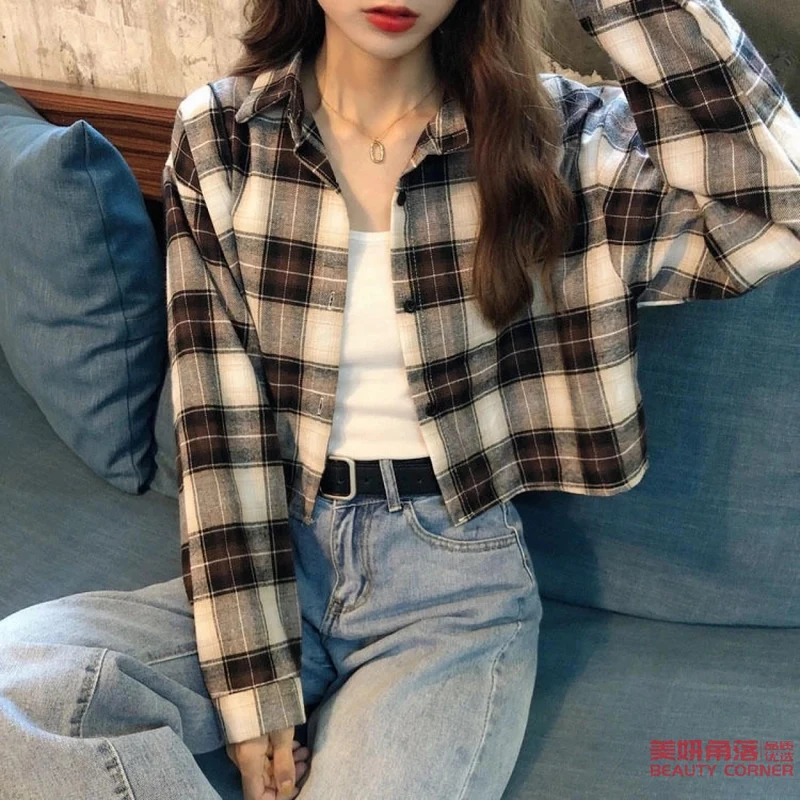 [Self-operated] Fashionable plaid nine-point long shirt top women's plaid shirt