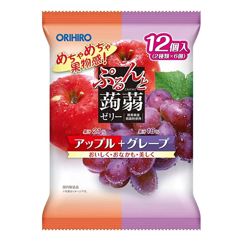 [Self-operated] Japanese ORIHIRO low-calorie konjac juice jelly 12 pieces, ready to eat, apple + purple grape flavor