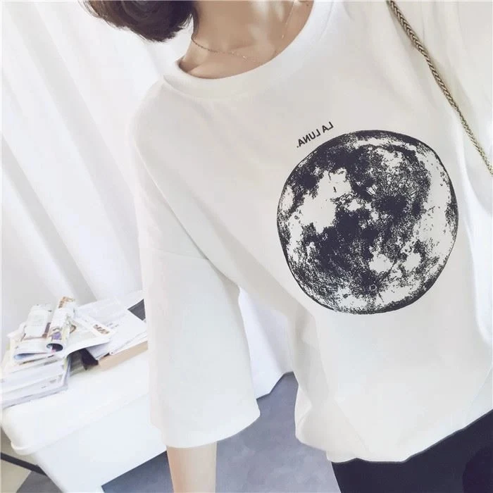 [Self-operated] Casual and versatile moon print T-shirt, women's short-sleeved LA LUNA print shirt