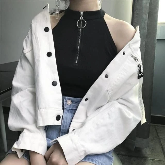 [Self-operated] Women's half-zip halterneck short sweater, short-sleeved sexy open chest pull-tab sweater