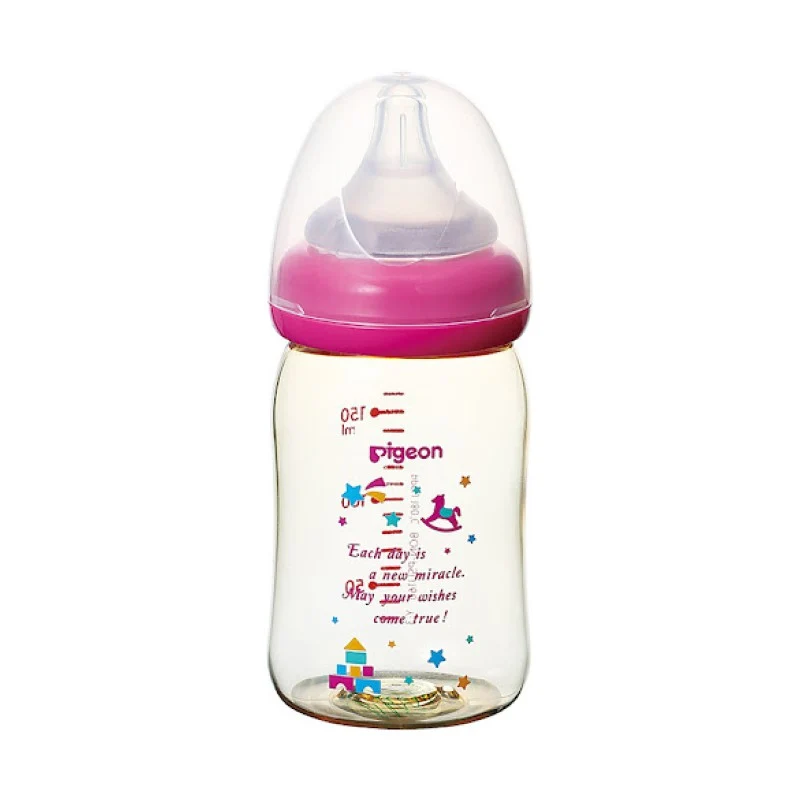 [Self-operated] Japanese PIGEON breast milk real feeling wide diameter PPSU portable bottle 160ml pink wooden horse pattern O-shaped nipple