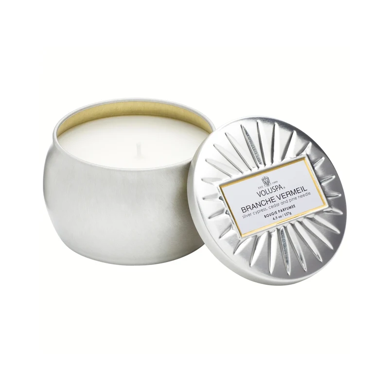 [Self-operated] American VOLUSPA gold-plated silver series small tin can portable scented candle 127g BRANCHE VERMEIL-Blanche cinnabar lasting fresh air in the bedroom, soothing and sleeping, romantic atmosphere, great gift