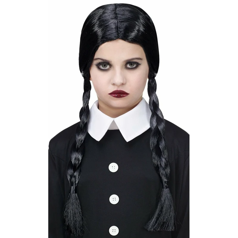 Gruseliges Gothic Mädchen Perücke mit Zöpfe schwarz für Kinder