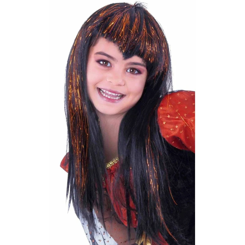 Perücke für Vampirin schwarz und orange Kinder
