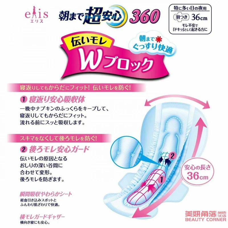 [Self-operated] Japanese ELIS super safe 360 ​​wing sanitary napkin, large amount, night use, 36cm, 14 pieces