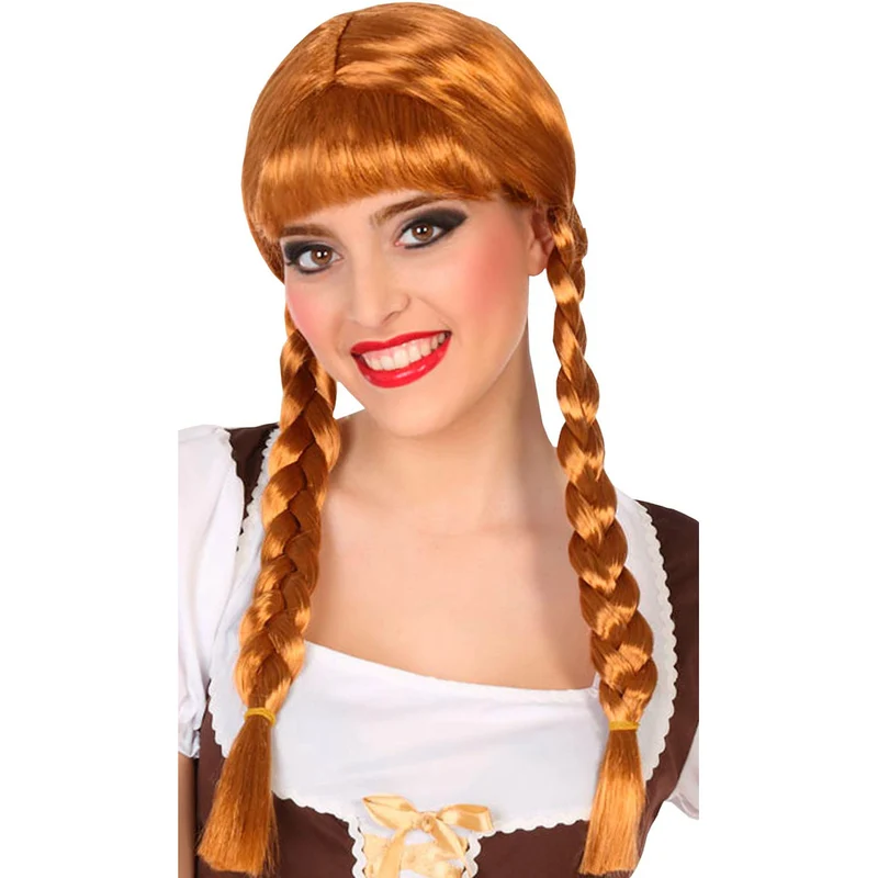 Braune Perücke mit Pony und Zöpfen