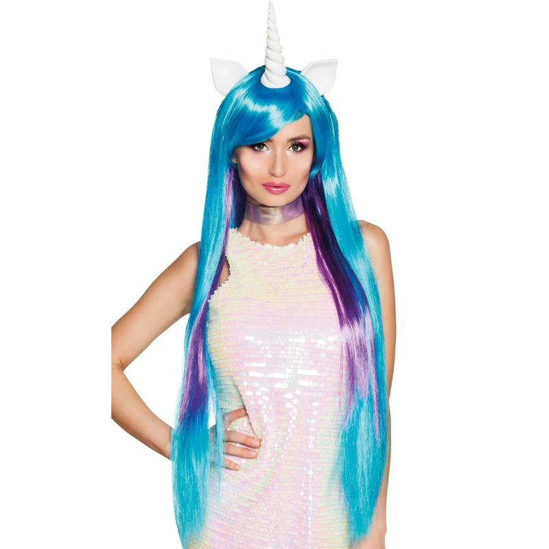 Einhorn Langhaar Perücke Blau