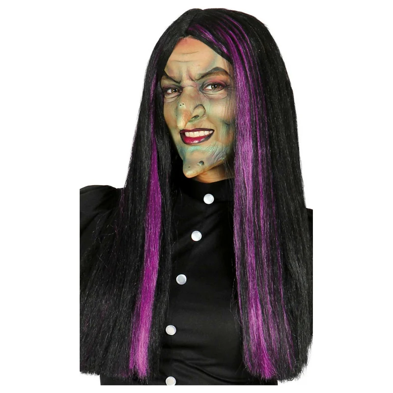 Perücke mit glatten Haaren und violetten Strähnchen