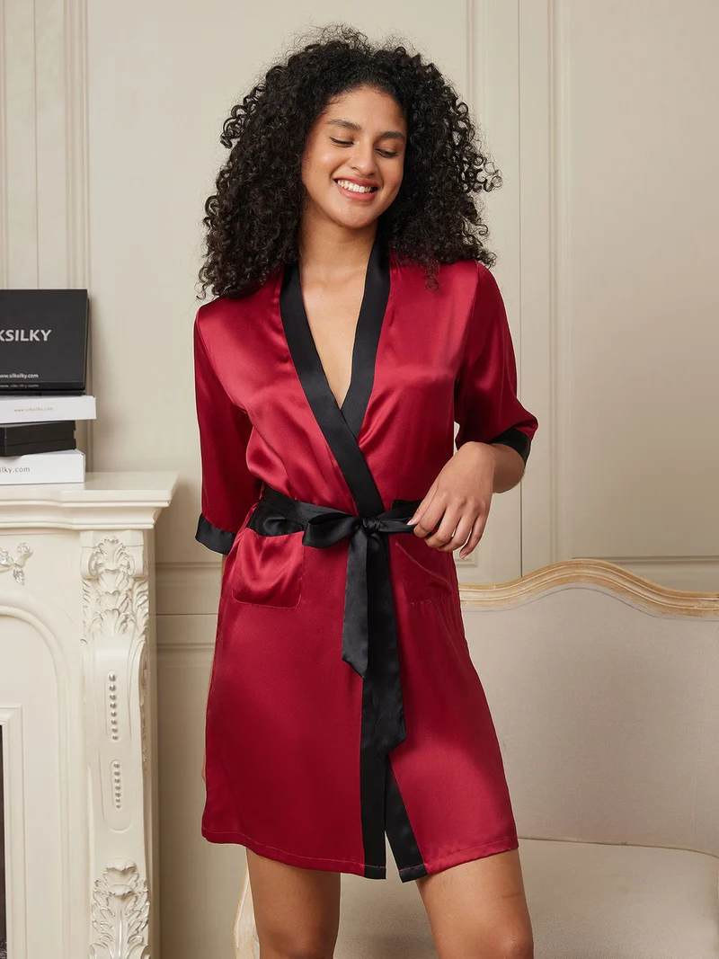 Clearance - Reine Seide kurzer Damen-Wickelkimono mit Halbärmeln