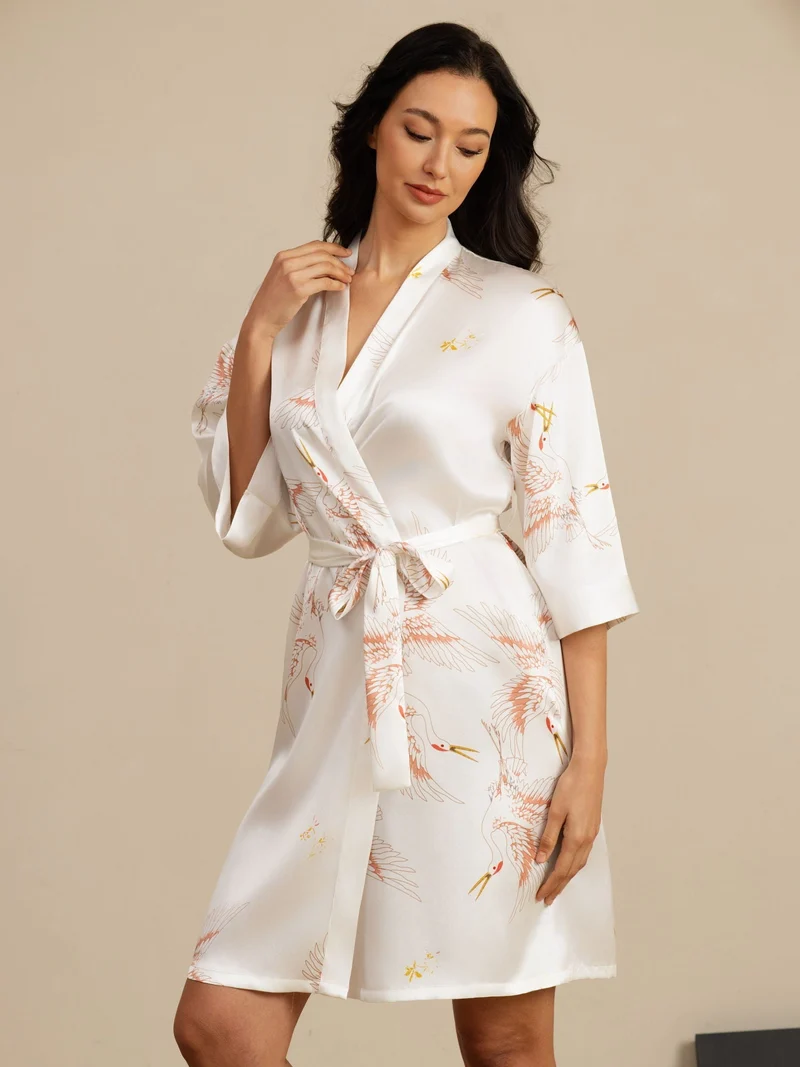 Clearance - 19 Momme 100% Maulbeerseide Damen-Wickelkimono mit Kranichmuster und Gürtel
