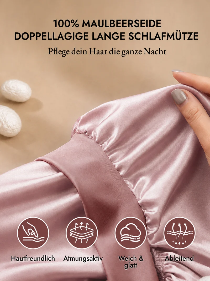 100 % Maulbeerseide Doppellagige Lange Schlafmütze Mit Verstellbarem Langem Bindeband
