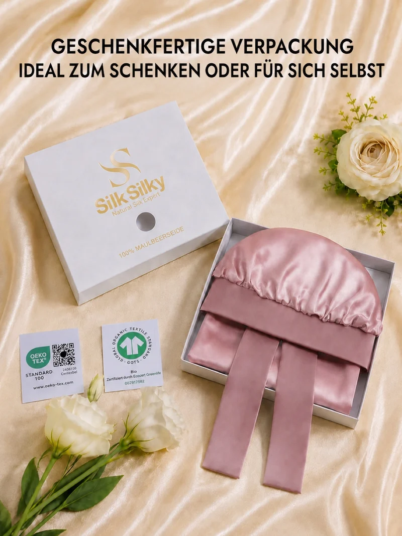 100 % Maulbeerseide Doppellagige Lange Schlafmütze Mit Verstellbarem Langem Bindeband