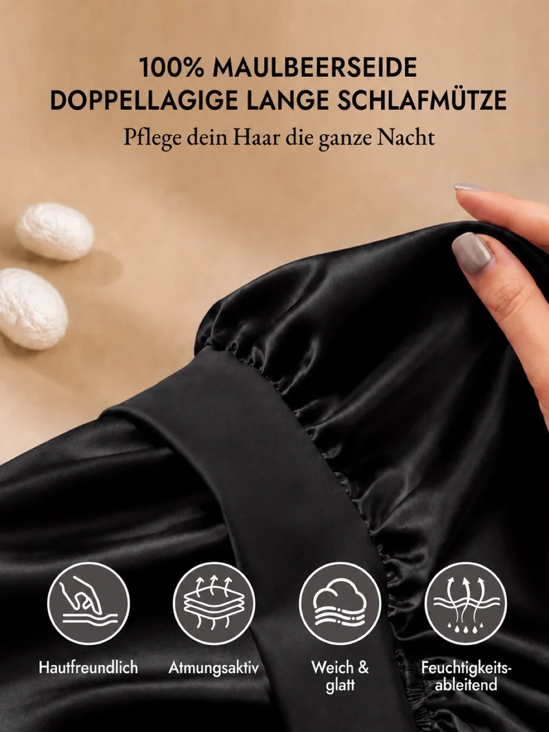 100 % Maulbeerseide Doppellagige Lange Schlafmütze Mit Verstellbarem Langem Bindeband