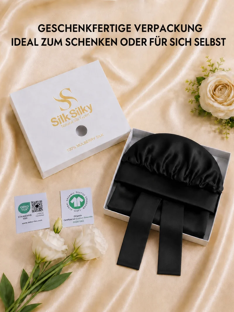 100 % Maulbeerseide Doppellagige Lange Schlafmütze Mit Verstellbarem Langem Bindeband