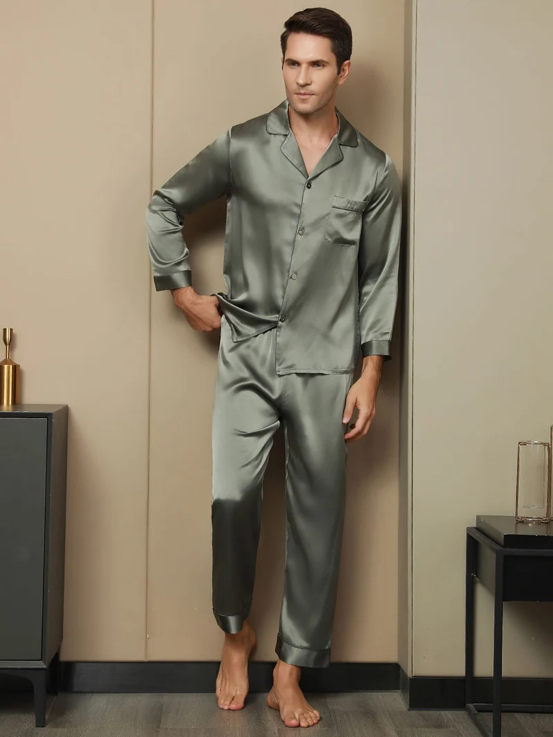 Reine Seide Herren-Langarm-Pyjama-Set mit Reverskragen