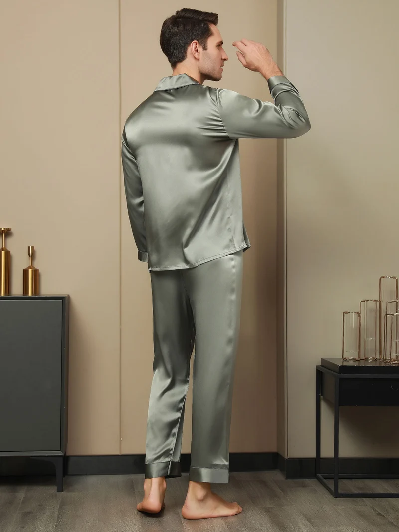 Reine Seide Herren-Langarm-Pyjama-Set mit Reverskragen