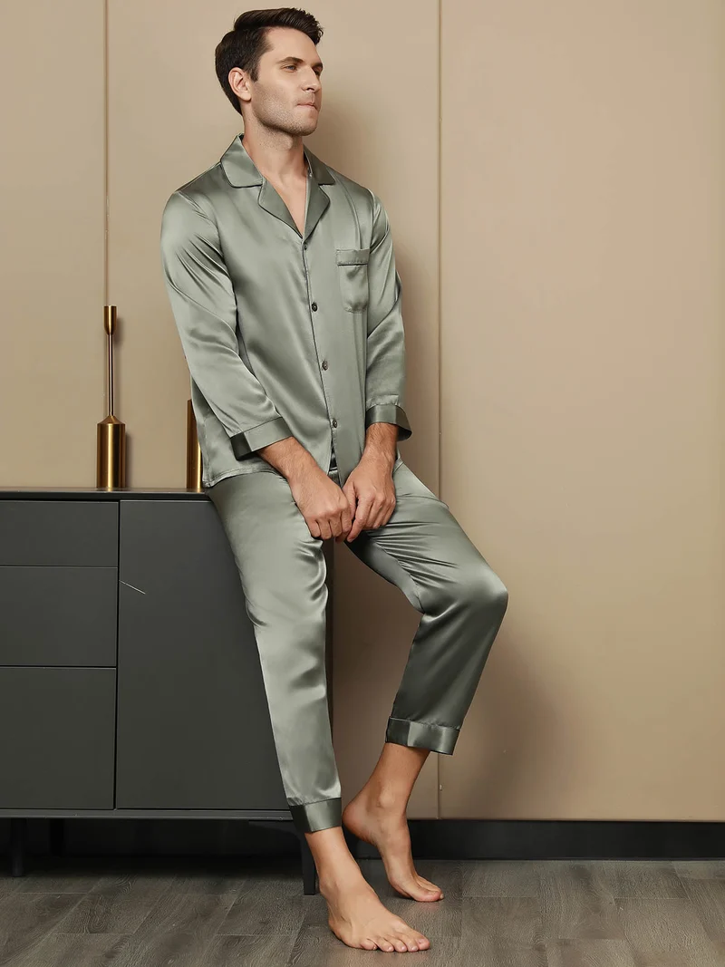 Reine Seide Herren-Langarm-Pyjama-Set mit Reverskragen