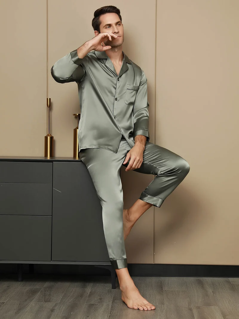 Reine Seide Herren-Langarm-Pyjama-Set mit Reverskragen