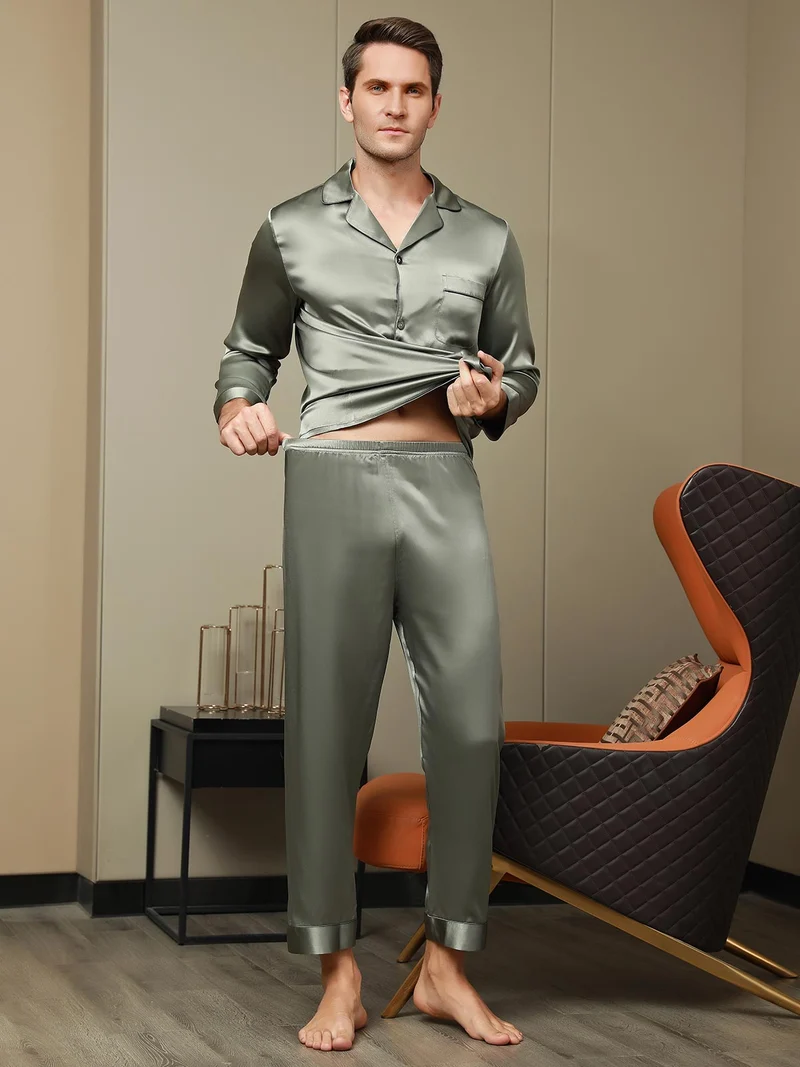 Reine Seide Herren-Langarm-Pyjama-Set mit Reverskragen