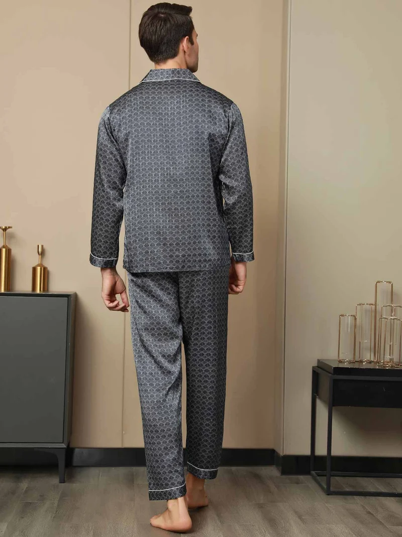 Reine Seide Herren-Langarm-Pyjama-Set mit marineblauem Ginkgomuster und Hose