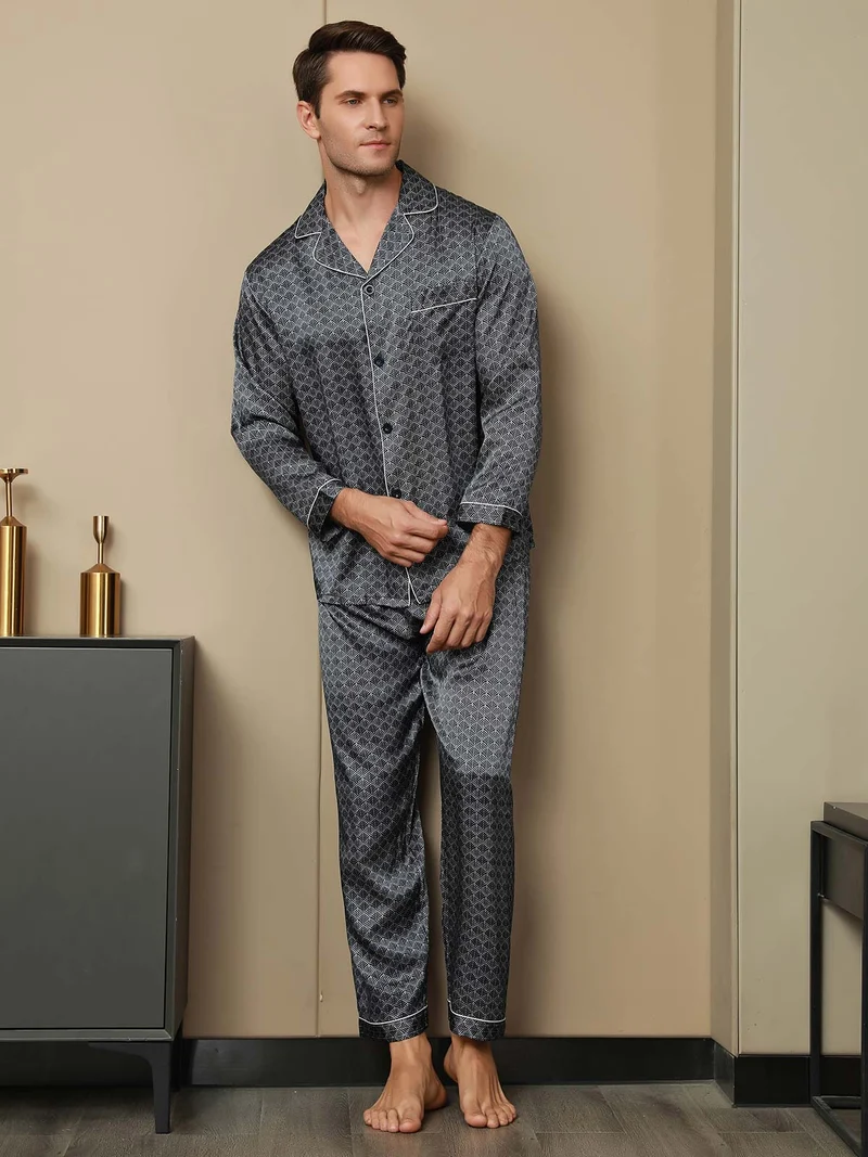 Reine Seide Herren-Langarm-Pyjama-Set mit marineblauem Ginkgomuster und Hose