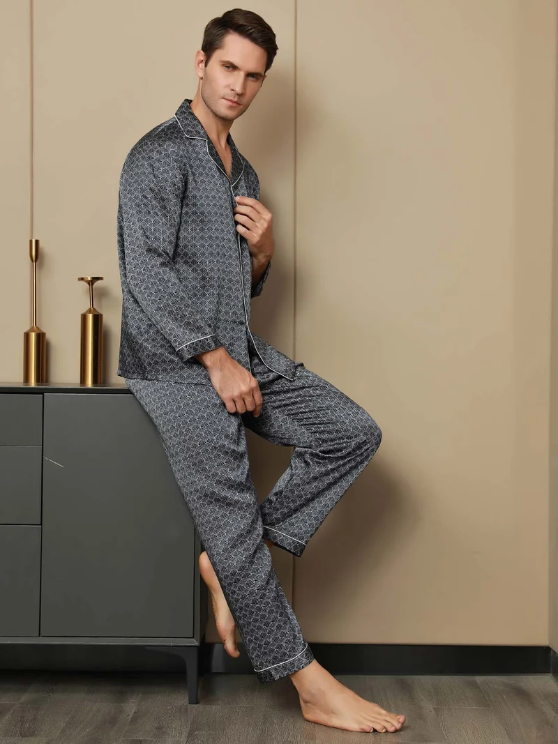 Reine Seide Herren-Langarm-Pyjama-Set mit marineblauem Ginkgomuster und Hose