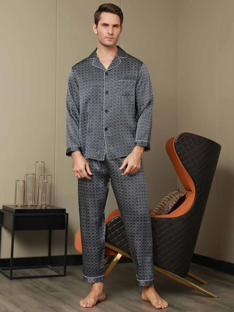 Reine Seide Herren-Langarm-Pyjama-Set mit marineblauem Ginkgomuster und Hose