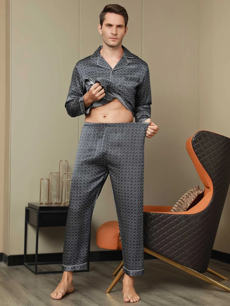 Reine Seide Herren-Langarm-Pyjama-Set mit marineblauem Ginkgomuster und Hose