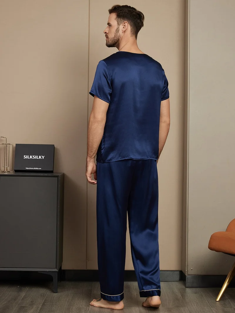 Reine Seide Herren-Kurzarm-Pyjama-Set mit Rundhalsausschnitt und Hose