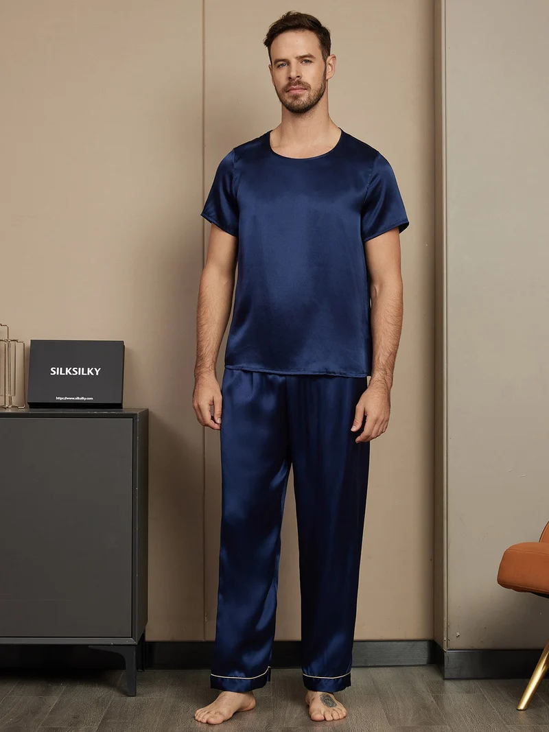 Reine Seide Herren-Kurzarm-Pyjama-Set mit Rundhalsausschnitt und Hose
