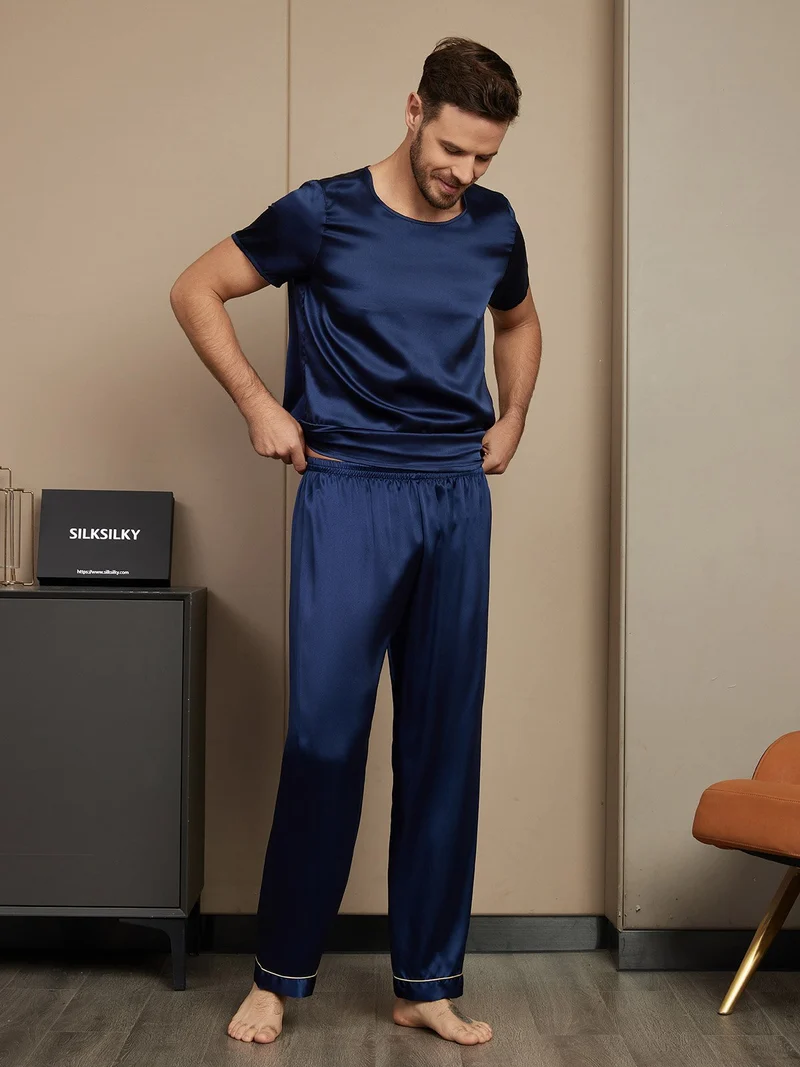 Reine Seide Herren-Kurzarm-Pyjama-Set mit Rundhalsausschnitt und Hose
