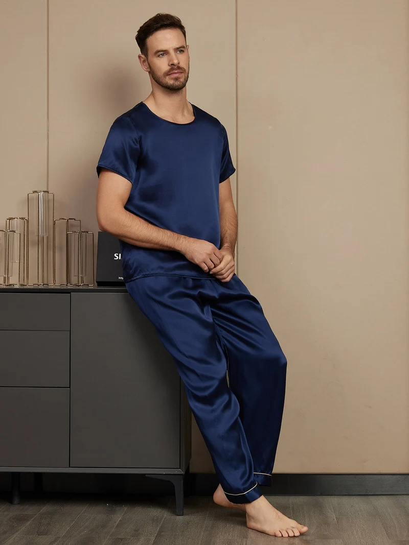 Reine Seide Herren-Kurzarm-Pyjama-Set mit Rundhalsausschnitt und Hose