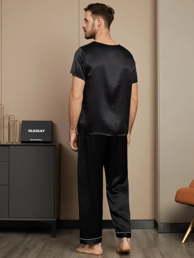 Reine Seide Herren-Kurzarm-Pyjama-Set mit Rundhalsausschnitt und Hose