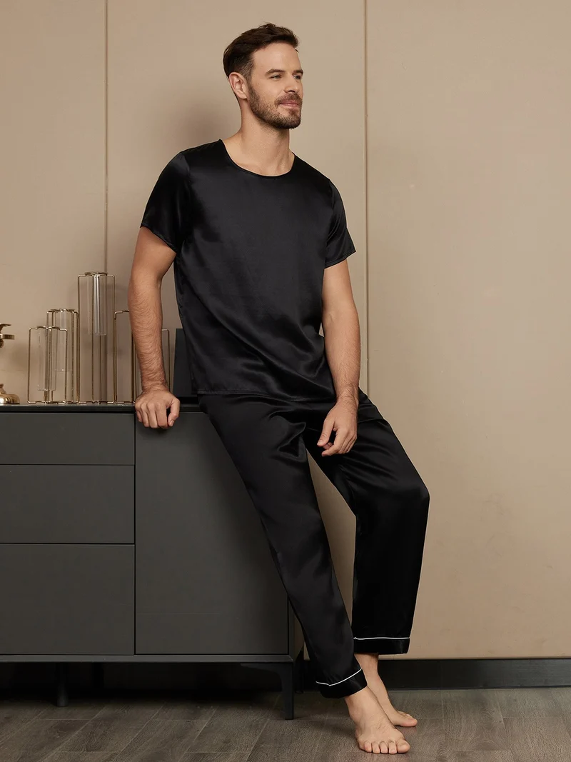 Reine Seide Herren-Kurzarm-Pyjama-Set mit Rundhalsausschnitt und Hose