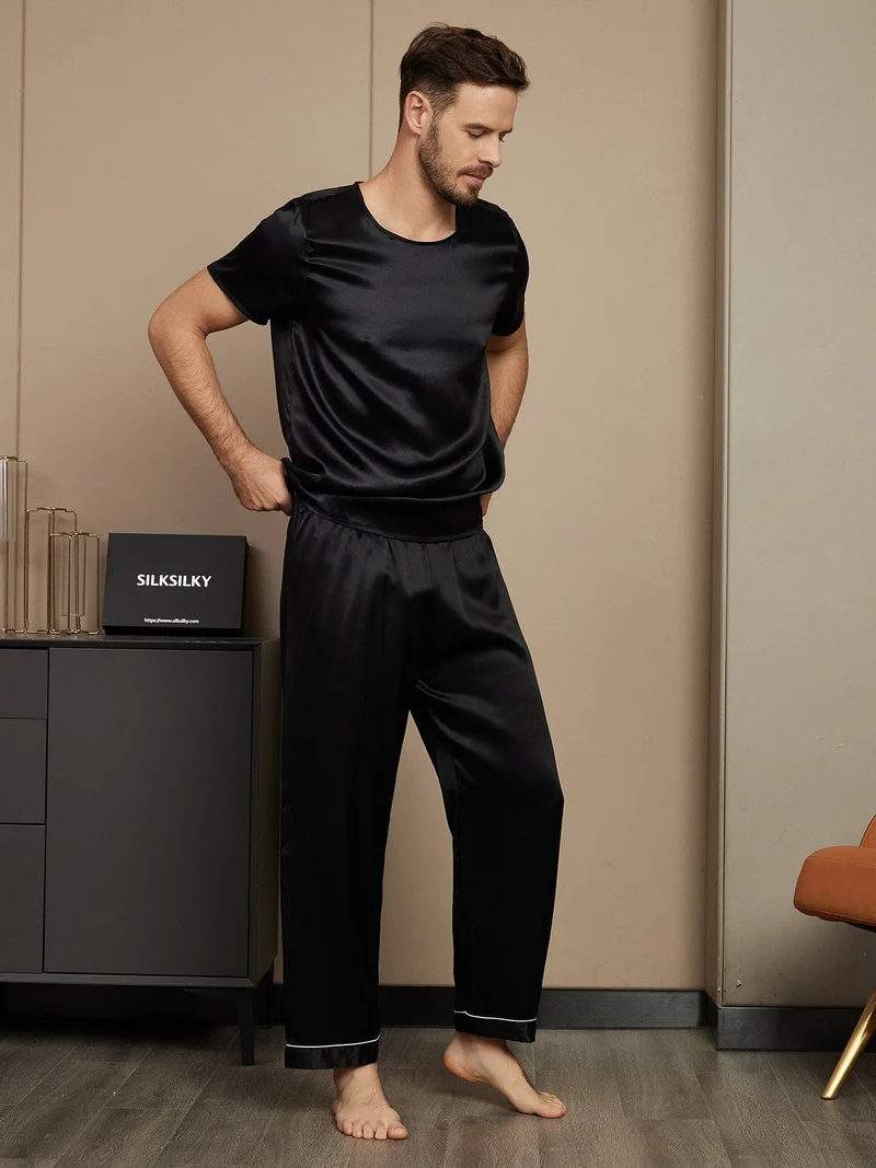 Reine Seide Herren-Kurzarm-Pyjama-Set mit Rundhalsausschnitt und Hose