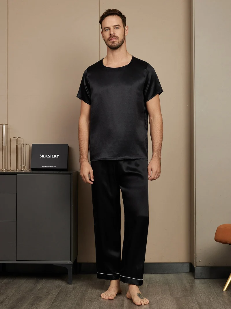 Reine Seide Herren-Kurzarm-Pyjama-Set mit Rundhalsausschnitt und Hose