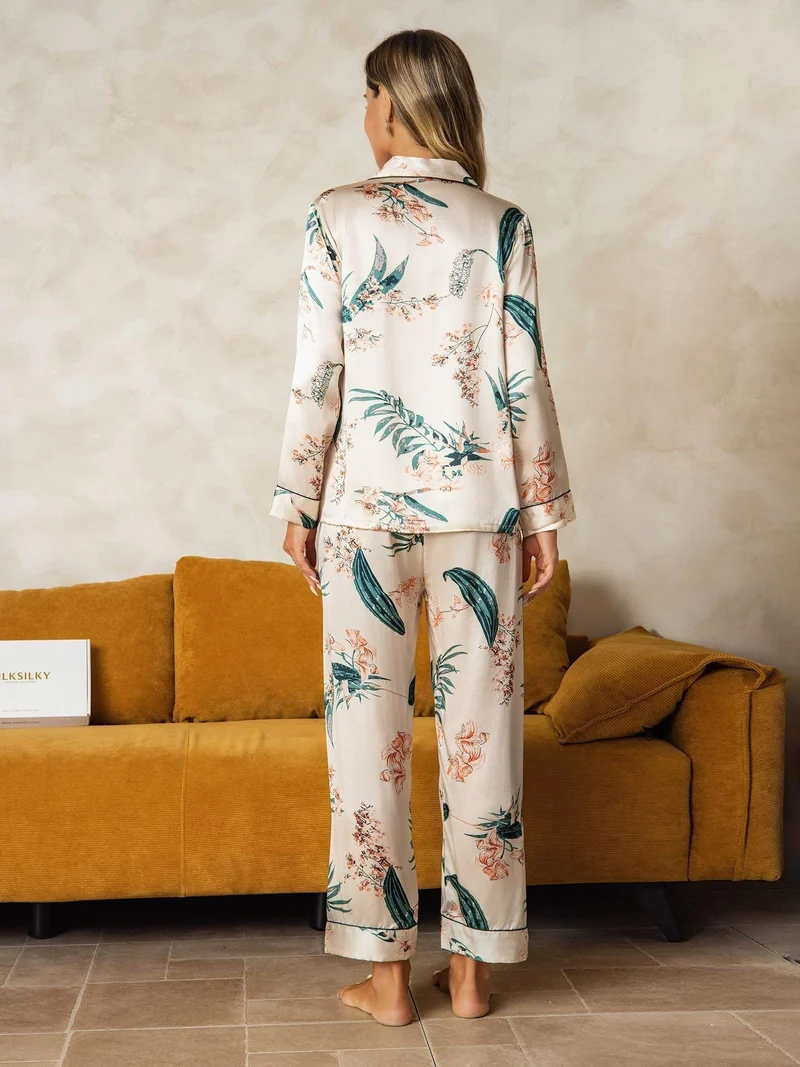 100% Maulbeerseide Damen-Langarm-Pyjama-Set mit Pflanzenmuster