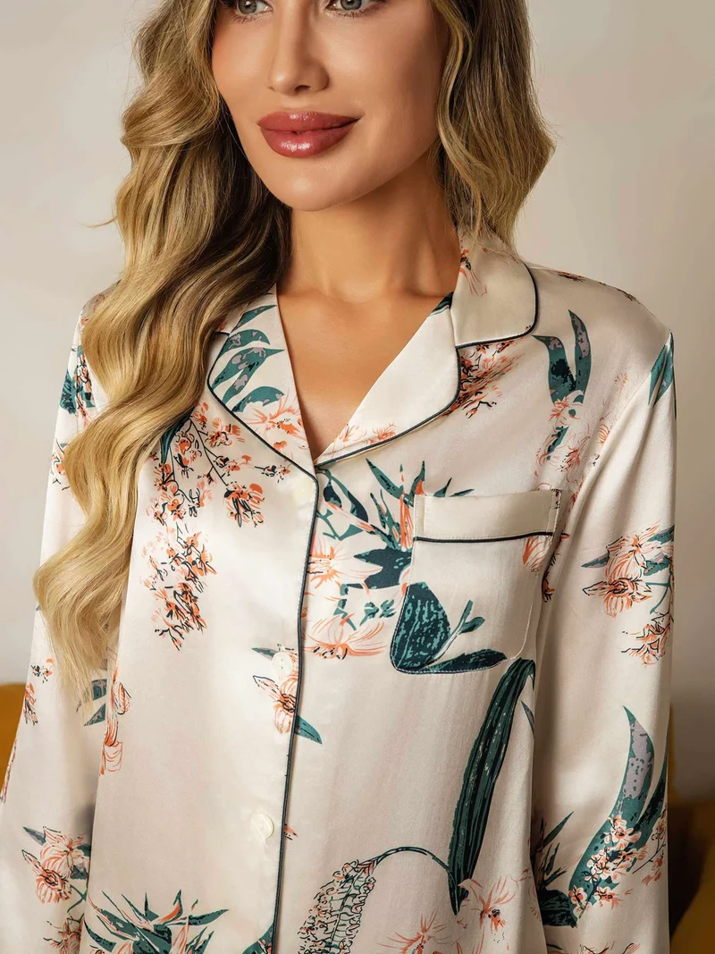 100% Maulbeerseide Damen-Langarm-Pyjama-Set mit Pflanzenmuster