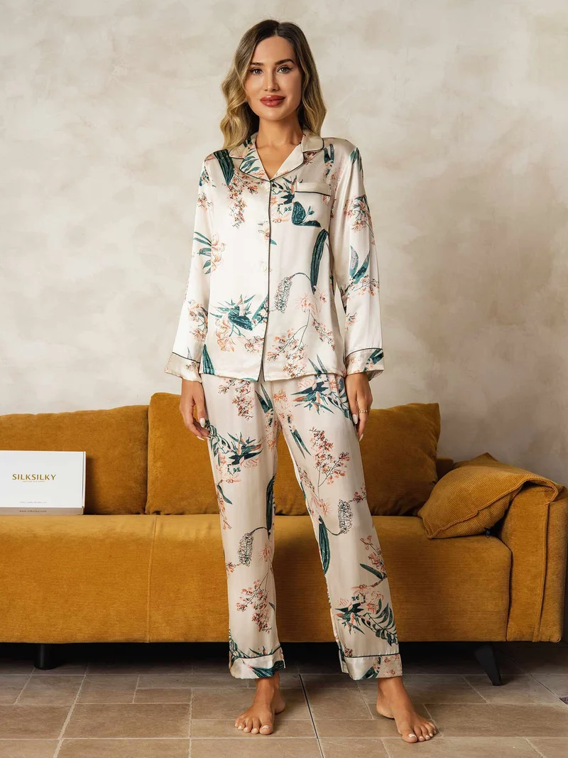 100% Maulbeerseide Damen-Langarm-Pyjama-Set mit Pflanzenmuster