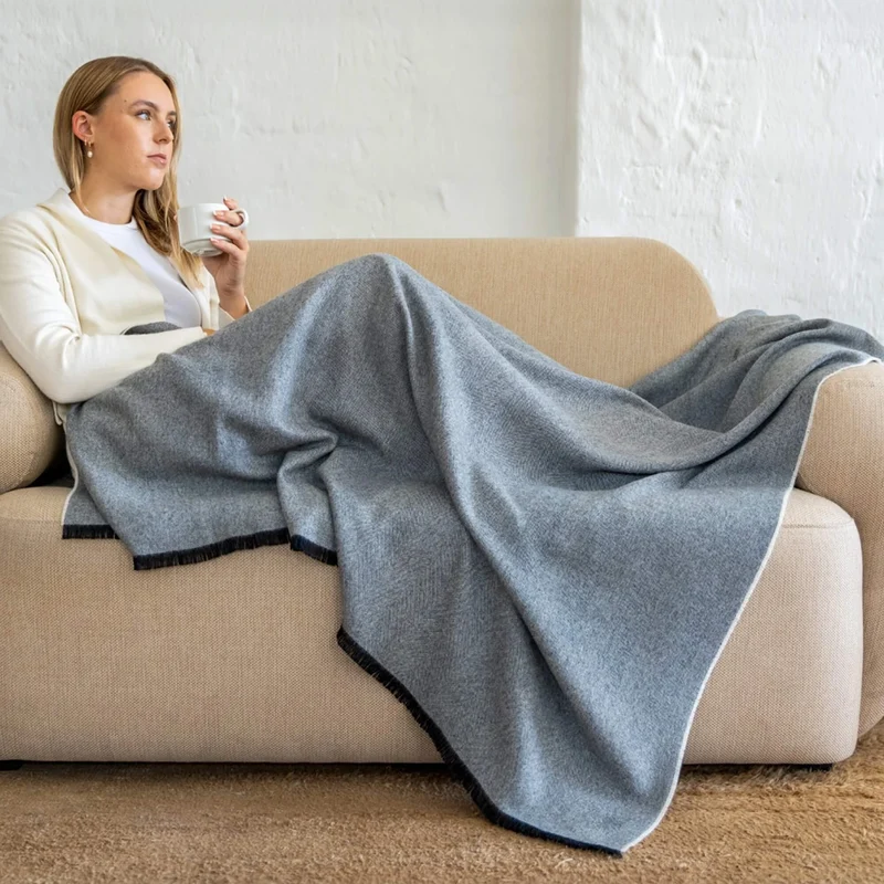 Baby Alpaca Throw Herringbone Deep Blue